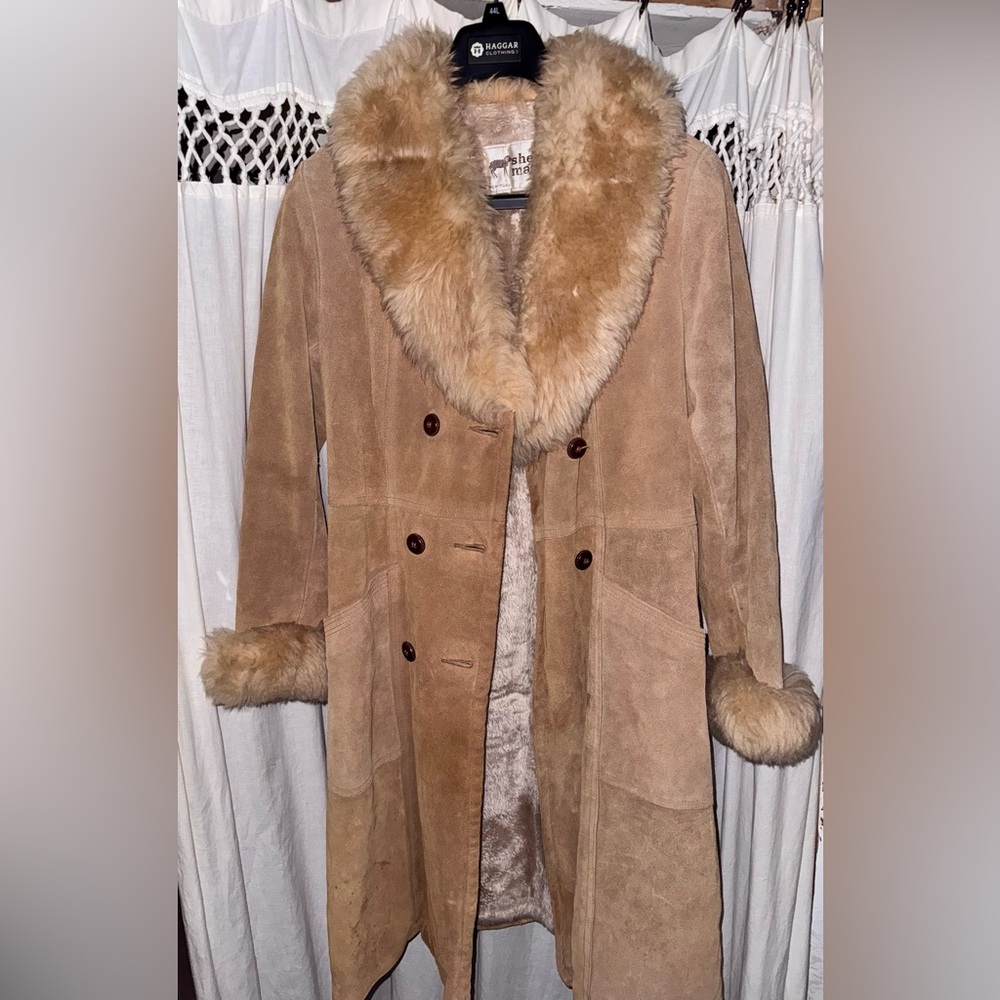 Vintage Womens 70s Brown Suede Belted WARM Trench Coat Faux Fur